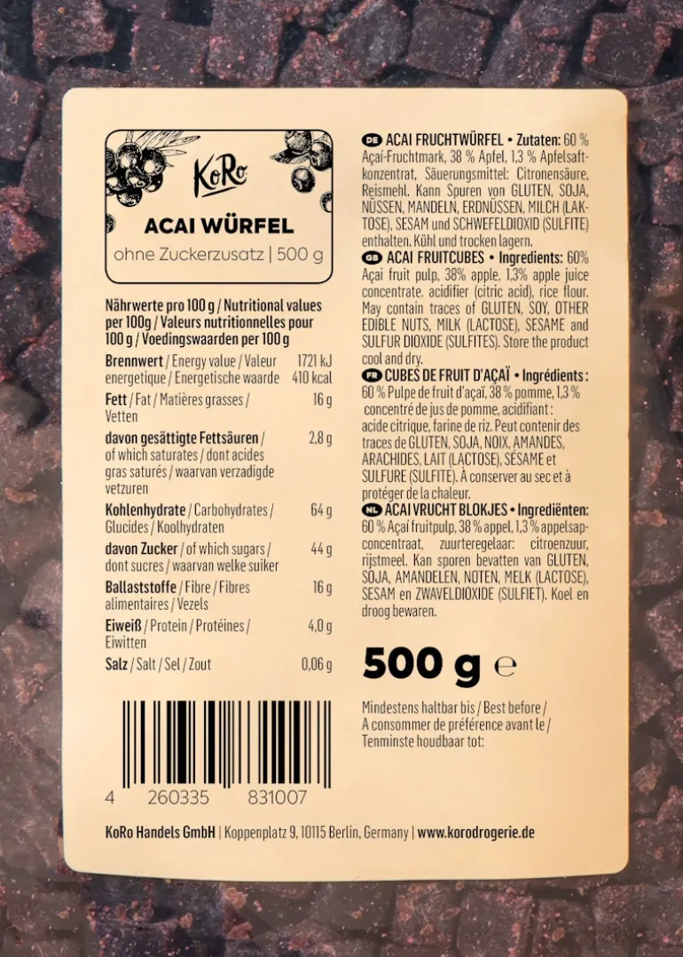 Acai Würfel mit Apfel 500 g