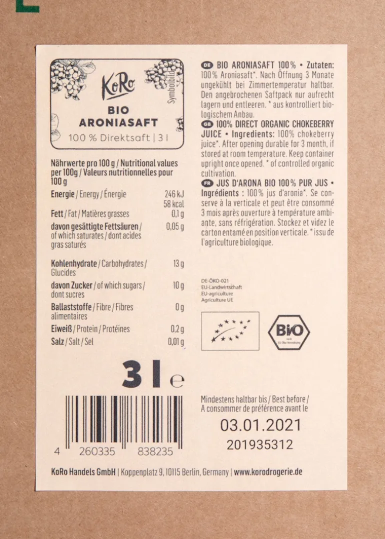 Bio Aronia Saft Bag-in-Box 3 L