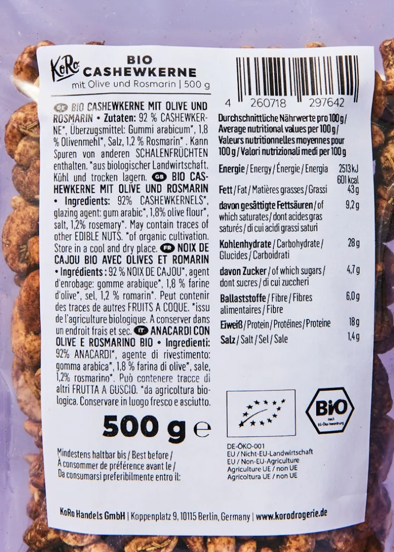 Bio Cashewkerne mit Olive und Rosmarin 500 g