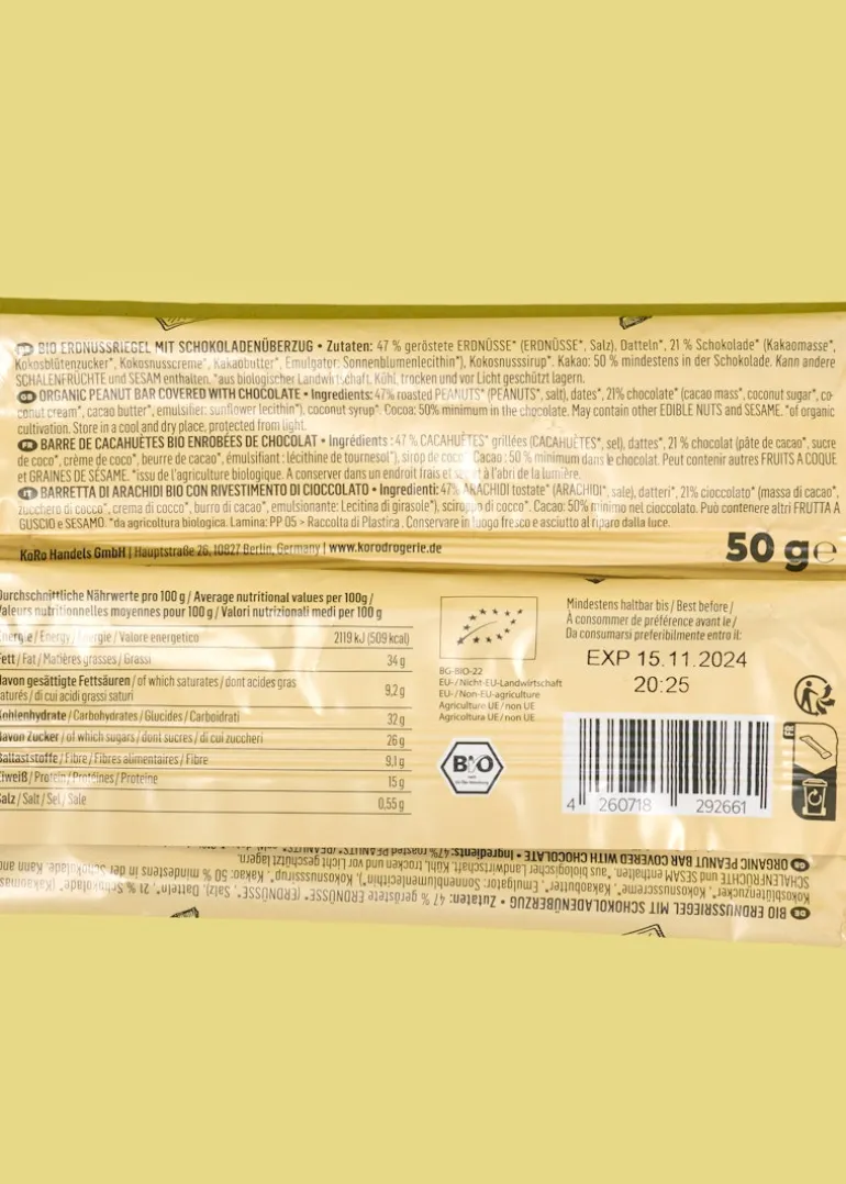 Bio Erdnussriegel mit Schokolade 50 g