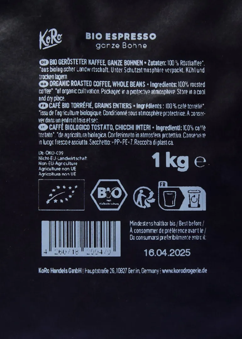 Bio Espresso ganze Bohne 1 kg