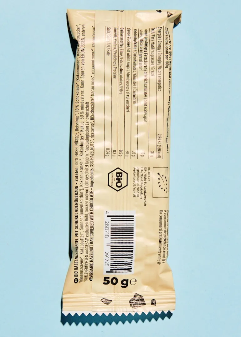 Bio Haselnussriegel mit Schokolade 50 g