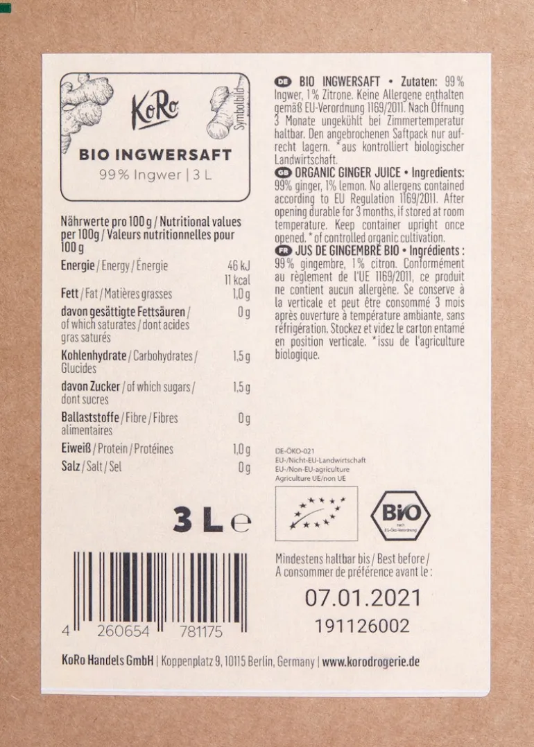 Bio Ingwersaft Bag-in-Box 3 L