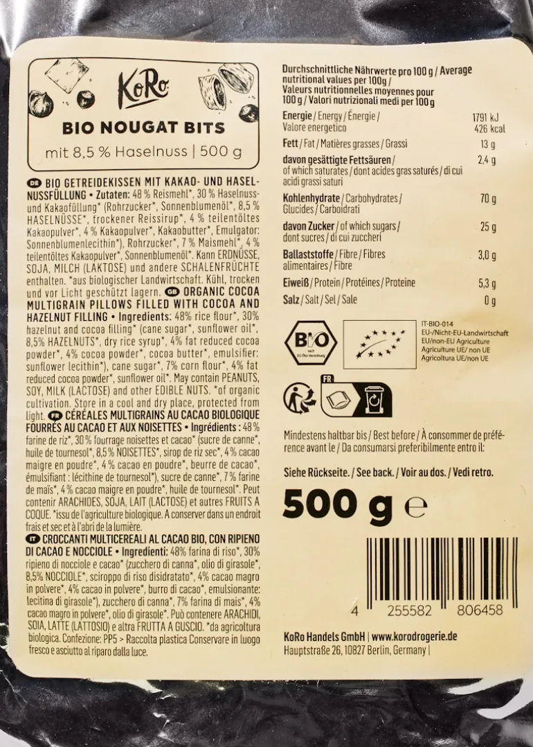 Bio Nougat Bits mit 8,5 % Haselnuss 500 g