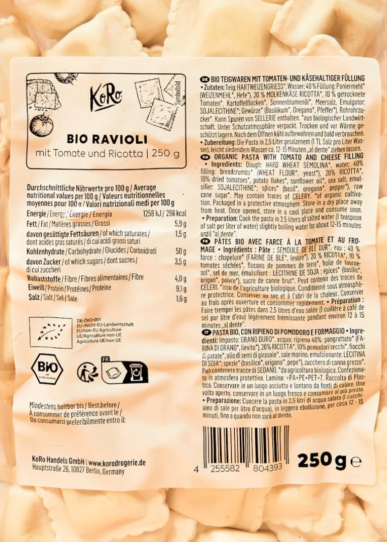 Bio Ravioli mit Tomate und Ricotta 250 g