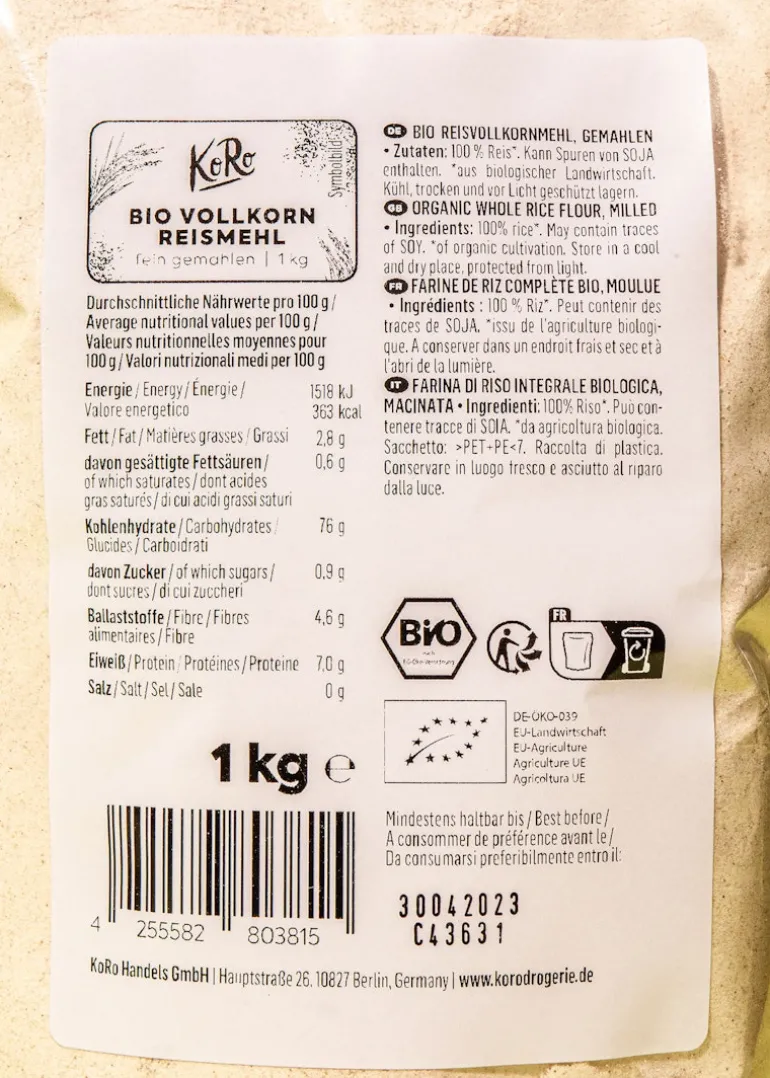 Bio Vollkorn Reismehl 1 kg