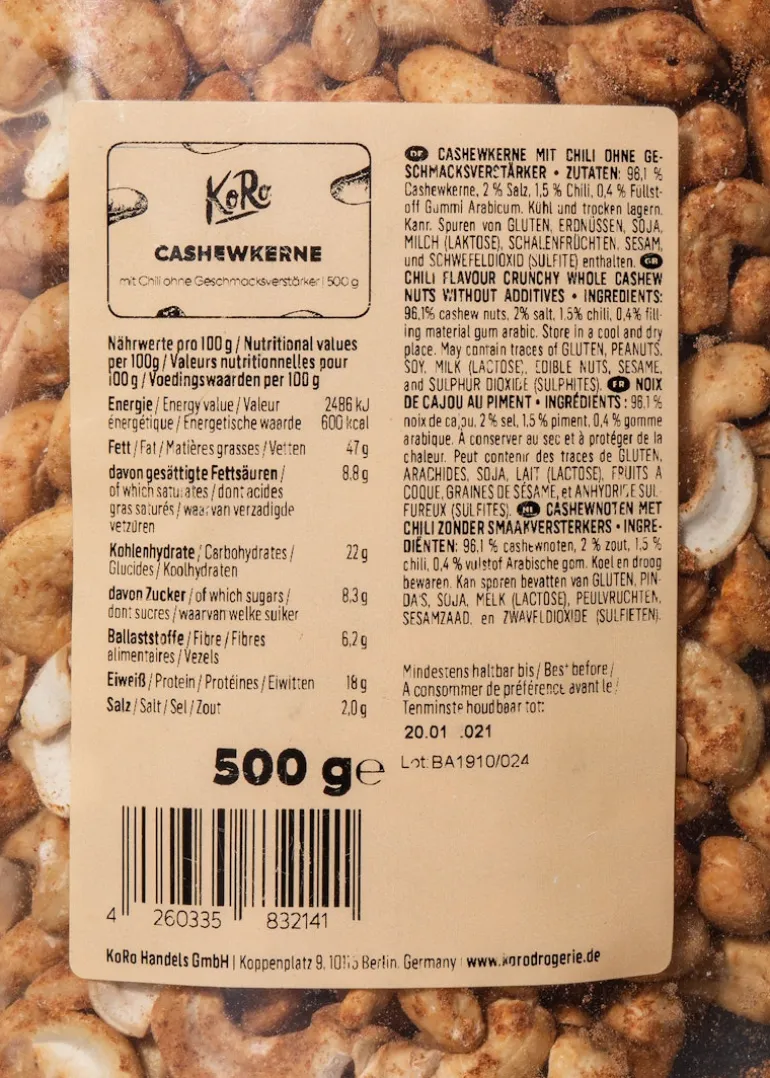 Cashewkerne mit Chili ohne Geschmacksverstärker 500 g