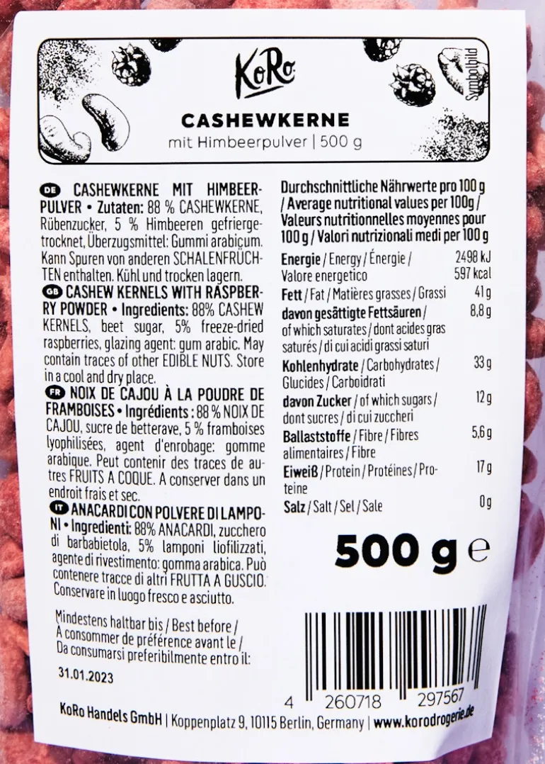 Cashewkerne mit Himbeerpulver 500 g