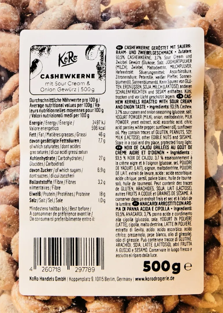 Cashewkerne mit Sour Cream and Onion Gewürz 500 g