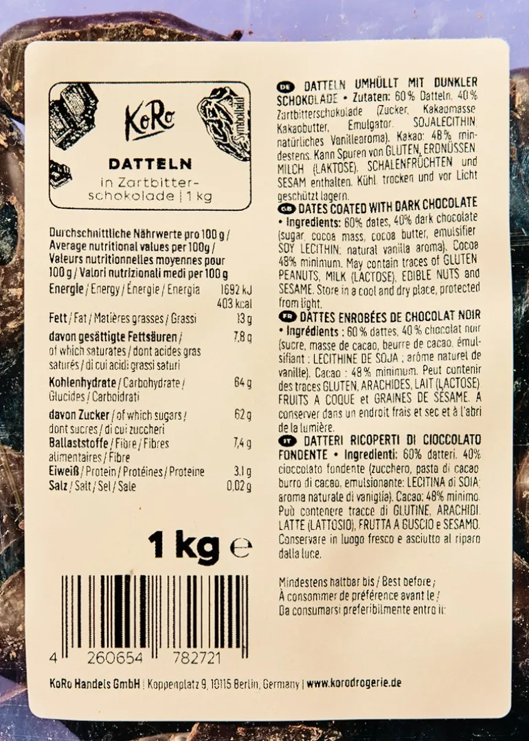 Datteln in Zartbitterschokolade 1 kg