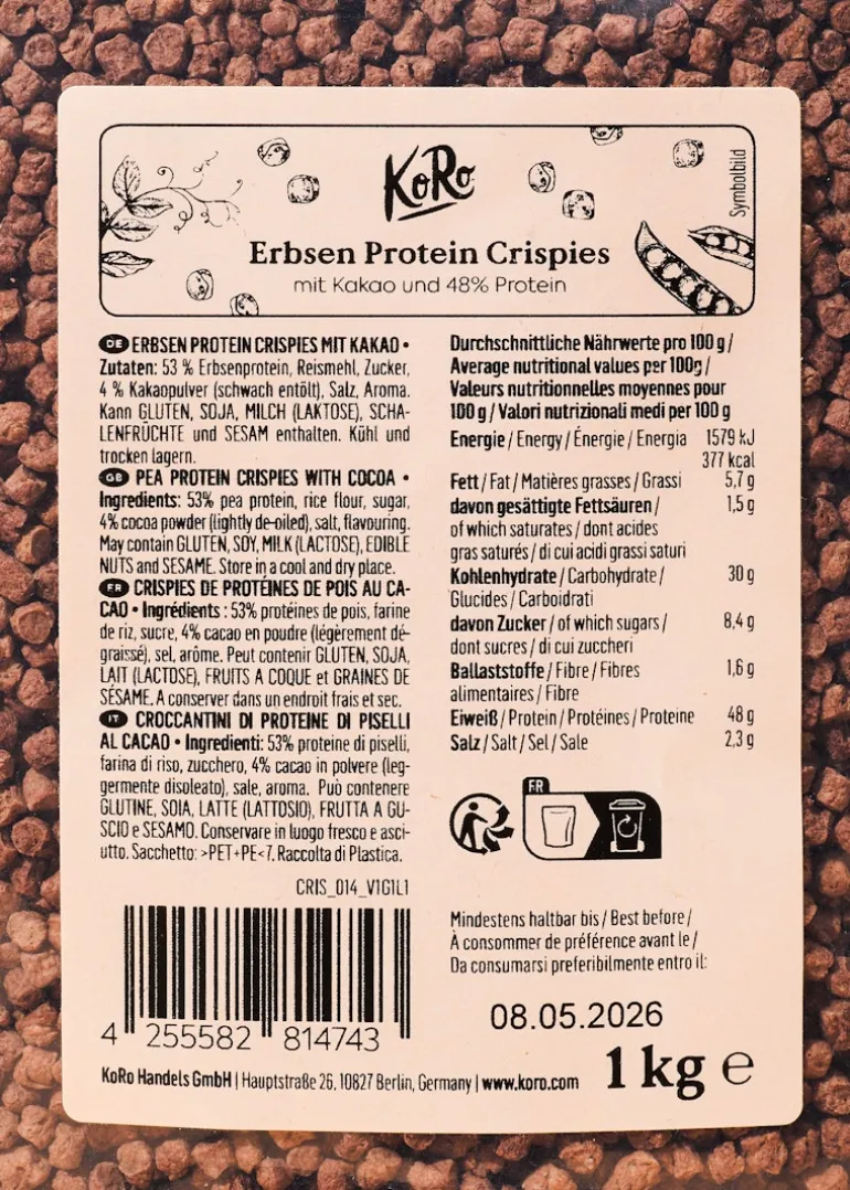 Erbsen Protein Crispies mit Kakao und 48 % Protein 1 kg