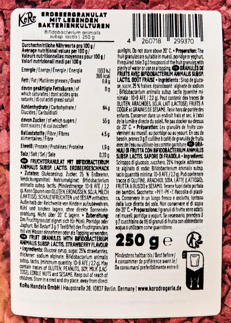 Erdbeergranulat mit lebenden Bakterienkulturen 250 g
