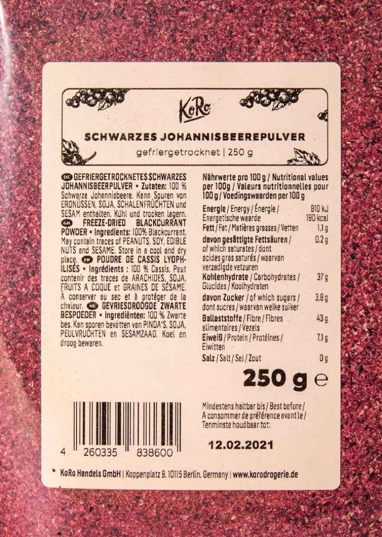 Gefriergetrocknetes schwarzes Johannisbeerpulver 250 g