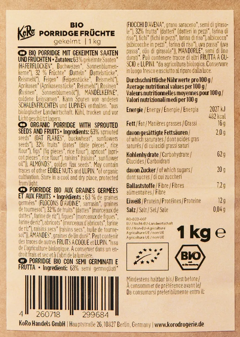 Gekeimtes Bio Porridge Früchte 1 kg