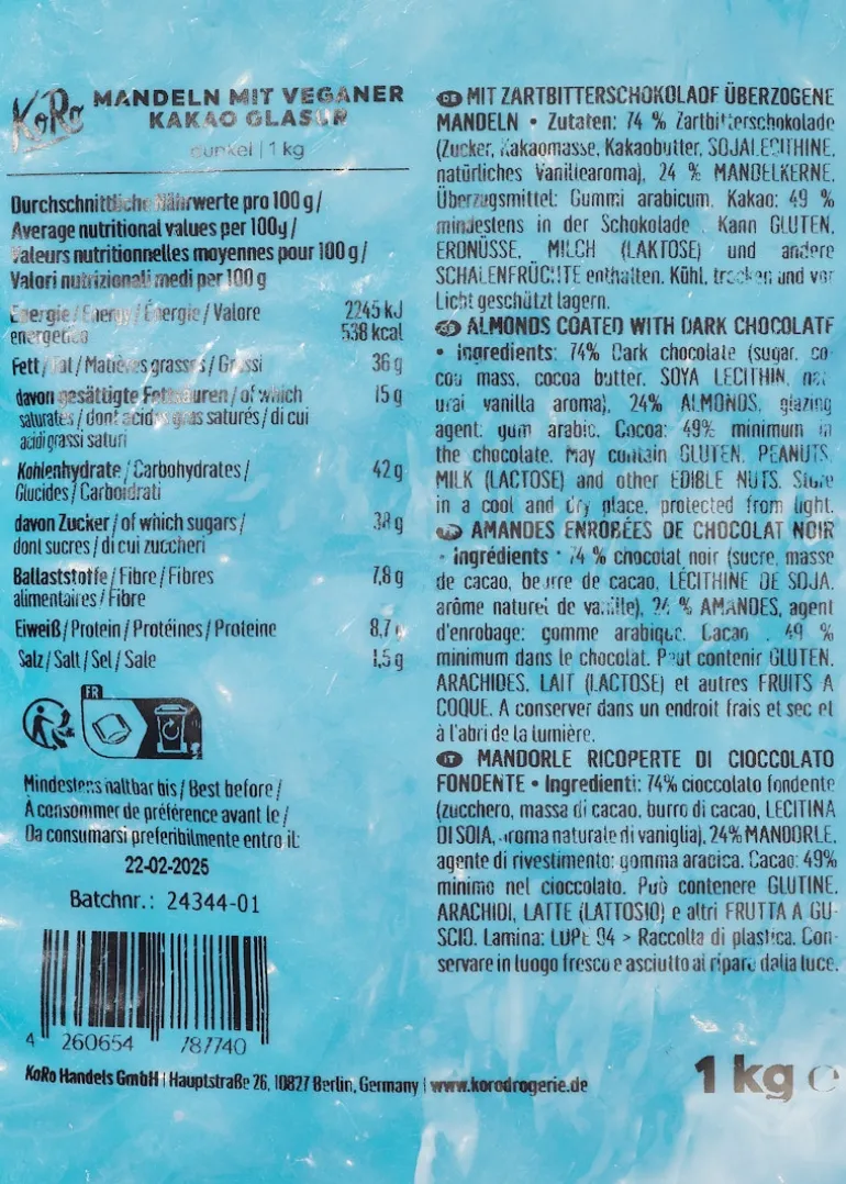 Mandeln in Zartbitterschokolade 1 kg