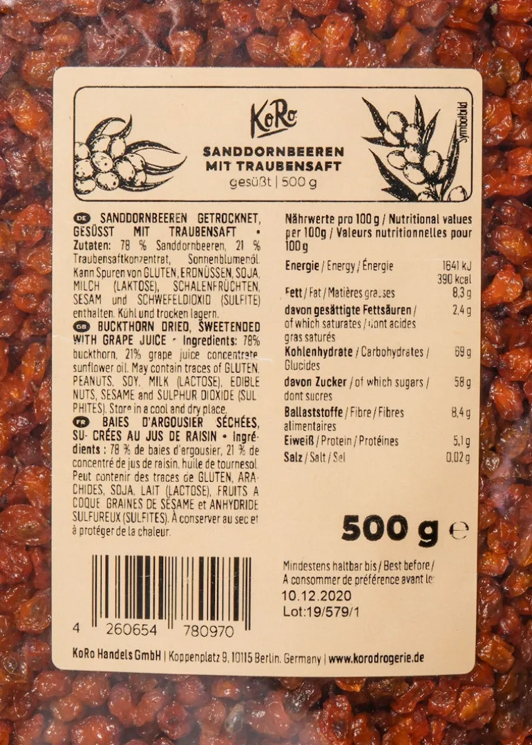 Sanddornbeeren mit Traubensaft 500 g