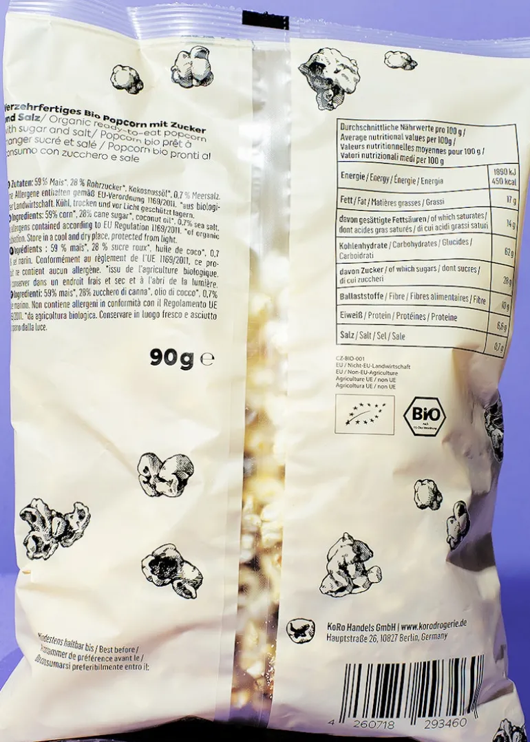 Verzehrfertiges Bio Popcorn süß und salzig 90 g